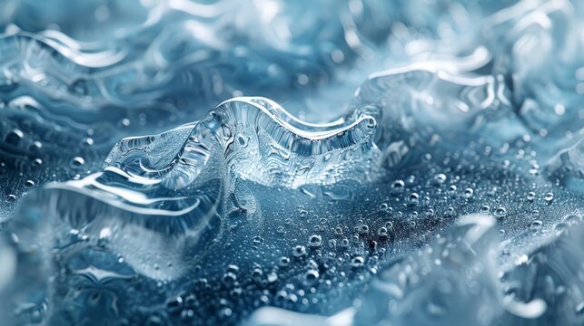 A detailed close-up view of textured, icy waves and water droplets, giving the impression of a frozen, abstract natural landscape in a cool blue color palette