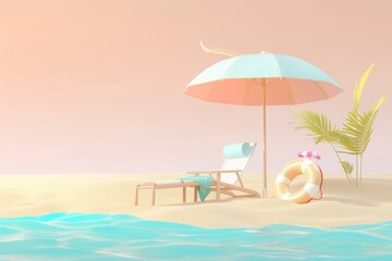 Dreamy summer beach escape with palm trees and a pink umbrella