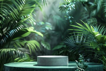 Obraz premium Stone Pedestal Surrounded by Lush Tropical Foliage