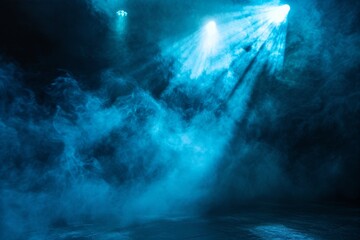 Naklejka premium Illuminated stage with scenic lights and smoke. Blue vector spotlight with smoke volume light effect on black background. Stadium cloudiness projector, Generative, AI generated