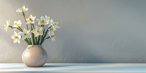 minimalist Home office, interior for bloggers workplace with white daffodils in a vase