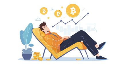 Passive income and market investing flat vector illustration. Investor man relax in chair and get money profits, stock dividends. Remote freelance work or trading online. Financial freedom concept.