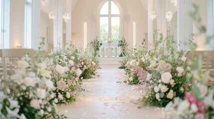 Fototapeta premium Elegant wedding venue decorated with pastel flowers lining the aisle, leading to a bright altar. Romantic ceremony concept.