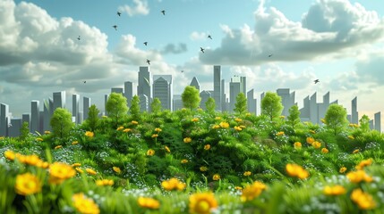 Urban oasis: cityscape meets lush greenery, an illustration showcasing a harmonious blend of urban architecture and verdant nature.