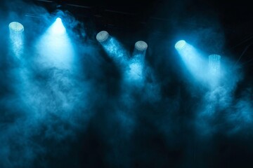 Naklejka premium Illuminated stage with scenic lights and smoke. Blue vector spotlight with smoke volume light effect on black background. Stadium cloudiness projector, Generative, AI generated