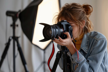 Happy Woman Holding Camera Taking Photo Indoors. ai generated