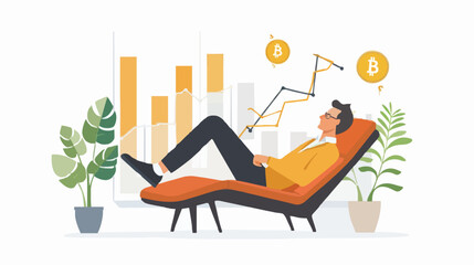 Passive income and market investing flat vector illustration. Investor man relax in chair and get money profits, stock dividends. Remote freelance work or trading online. Financial freedom concept.