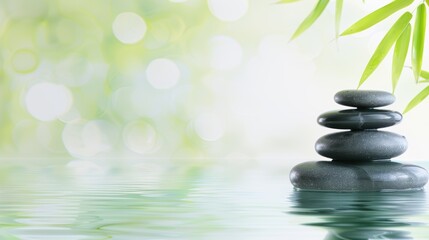 Stacked pebbles in water with bamboo leaves and soft bokeh lights in the background. Zen and balance concept.