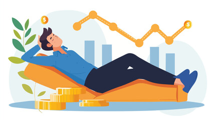 Obraz premium Passive income and market investing flat vector illustration. Investor man relax in chair and get money profits, stock dividends. Remote freelance work or trading online. Financial freedom concept.