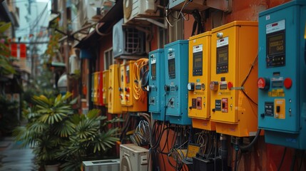 Fototapeta premium A captivating urban scene exhibits a vibrant array of diverse utility control panels on a colorful wall, highlighting the intersection of technology and daily life