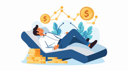 Passive income and market investing flat vector illustration. Investor man relax in chair and get money profits, stock dividends. Remote freelance work or trading online. Financial freedom concept.