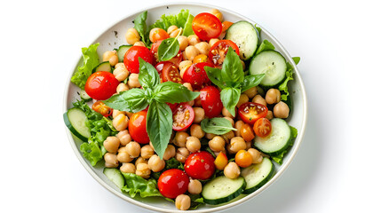 Tasty salad with chickpeas, cherry tomatoes and cucumbers isolated on white, top view