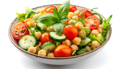 Tasty salad with chickpeas, cherry tomatoes and cucumbers isolated on white, top view
