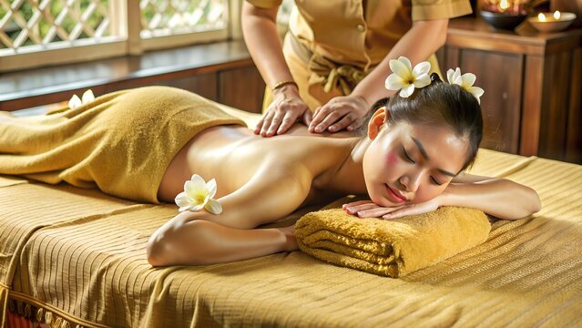 Serene girl enjoying thai massage.