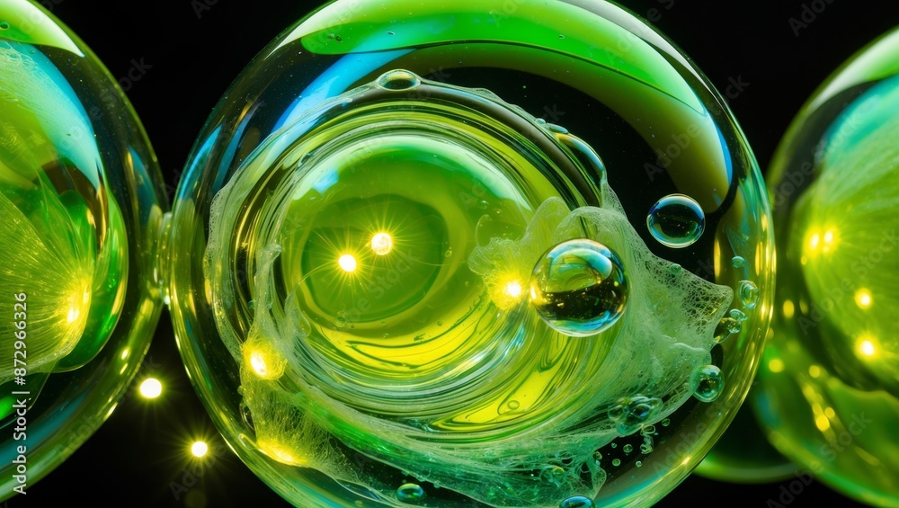 Poster Glass orbs filled with green liquid, bubbles, and light reflections