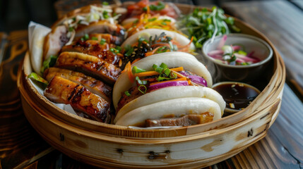 Assorted Bao Buns with Grilled Meats and Vegetables in Bamboo Steamer, Asian Street Food