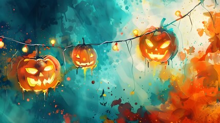 Festive Garland Halloween in Vibrant Watercolor Fantasy Style