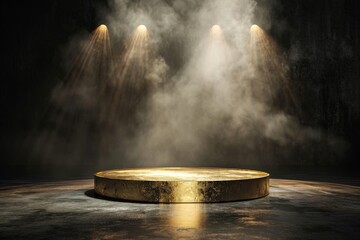 Gold podium on dark background with smoke. Empty pedestal for award ceremony. Platform illuminated by spotlights, AI generated