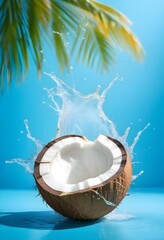 a coconut with water splashing out of it against a bright blue background
