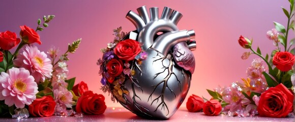Human heart with flowers and leaves, botanical concept, healthy precious heart concept