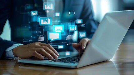 Businessman using laptop for document management, digital file organization, and paperless workflow with cloud technology and enterprise content management system (dms) for efficient data search and m