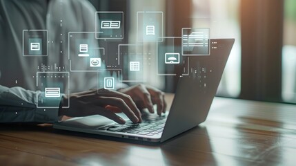 Businessman using laptop for document management, digital file organization, and paperless workflow with cloud technology and enterprise content management system (dms) for efficient data search and m