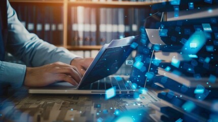 Businessman using laptop for document management, digital file organization, and paperless workflow with cloud technology and enterprise content management system (dms) for efficient data search and m