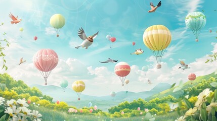 Obraz premium Whimsical children's picture of animals and birds floating on balloons against a backdrop of nature, perfect for creating custom digital printing wallpaper.