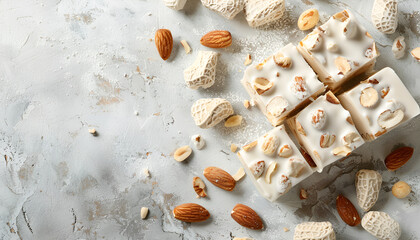 Fototapeta premium Pieces of delicious nutty nougat on light gray table, top view. Space for text