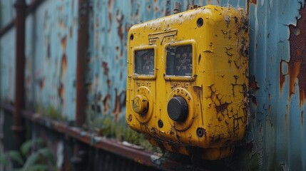 A close-up shot of a weathered, yellow industrial control box attached to a rusted, blue metal wall with peeling paint, exemplifying the effects of time and exposure to the elements on machinery