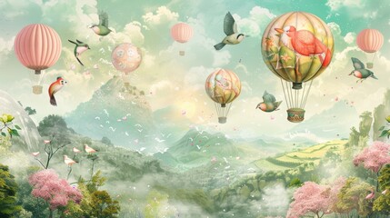 Fototapeta premium Whimsical children's picture of animals and birds floating on balloons against a backdrop of nature, perfect for creating custom digital printing wallpaper.