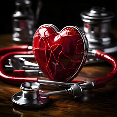 Red Heart and Stethoscope on Wooden Table Symbolizing Heart Health and Care.