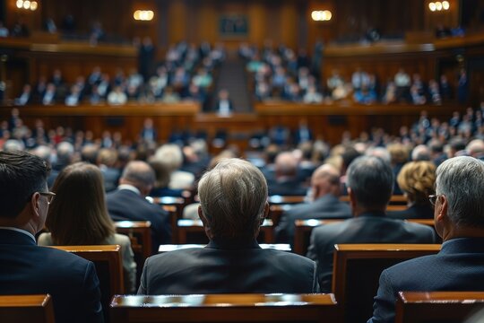 A large gathering of people in a formal legislative chamber, featuring numerous individuals seated in rows, seemingly engaged in a meeting or discussion in an elegantly designed, wood-paneled hall