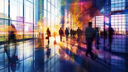 Dynamic corporate environment with busy professionals in motion, executives in modern office setting, collaborative workspace with active team members engaged in business discussions and projects