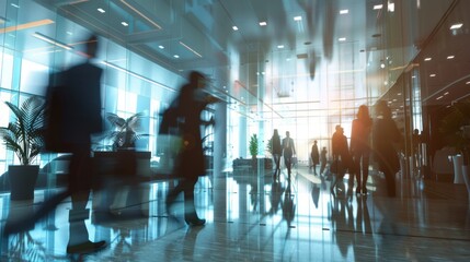 Dynamic corporate environment with busy professionals in motion, executives in modern office setting, collaborative workspace with active team members engaged in business discussions and projects