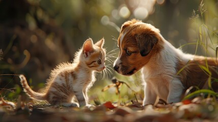 Obraz premium Witness the adorable companionship of a playful puppy and kitten. Their heartwarming interaction embodies the bond between unlikely friends, bringing joy and laughter.