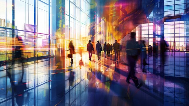 Dynamic corporate environment with busy professionals in motion, executives in modern office setting, collaborative workspace with active team members engaged in business discussions and projects