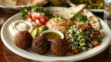Middle Eastern platter with falafel, hummus, tabbouleh, pita bread, and pickled vegetables