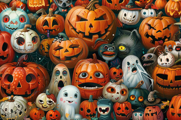 Obraz premium Variety of carved Halloween pumpkins and ghosts with different expressions