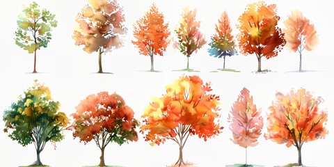 A set of watercolor trees with leaves of different colors. The trees are arranged in a row, with some trees being taller than others. The colors of the leaves vary from bright orange to deep red