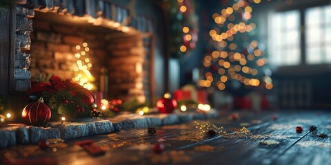 Obraz premium A fireplace with a Christmas tree in the background. The fireplace is lit and the tree is decorated with lights