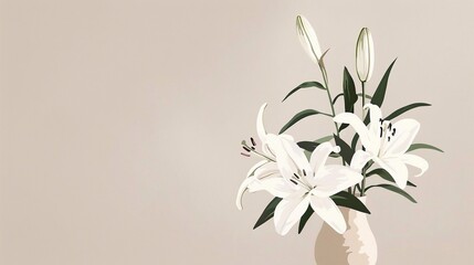 An elegant digital illustration of white lilies in a vase on a minimalist background. The clean lines and subtle color palette create a sense of tranquility and simplicity