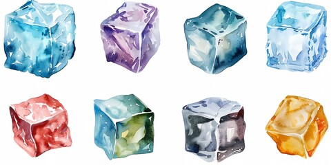 A set of watercolor drawings of various colored ice cubes. The colors include blue, red, yellow, and green. The drawings are arranged in a grid, with each cube occupying a different space