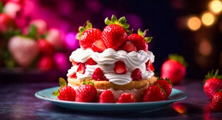 Strawberry shortcake Food photography, neon glowing lights in background, cinematic