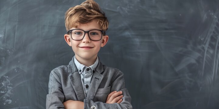 A young boy wearing glasses and a gray jacket is smiling at the camera. He is standing in front of a chalkboard