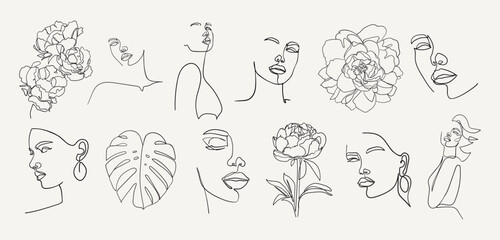 Set of abstract portrait and flowers in one line style . Woman beauty fashion concept. - Vector illustration