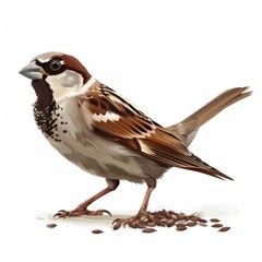 Obraz premium A brown and white bird with a black beak is standing on a white background