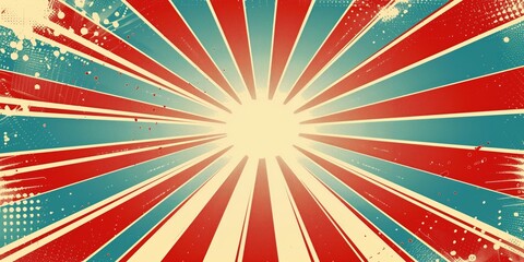 Fototapeta premium Abstract pop art background with red, beige, and blue rays radiating from the center