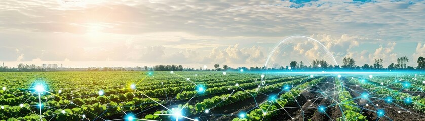 A beautiful landscape of a field of flowers with a city in the distance. The sky is blue and the sun is shining. The image is very peaceful and serene.
