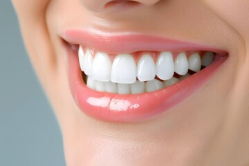 Obraz premium Close-up of a woman's smile with perfect white teeth, showcasing dental health and aesthetics.